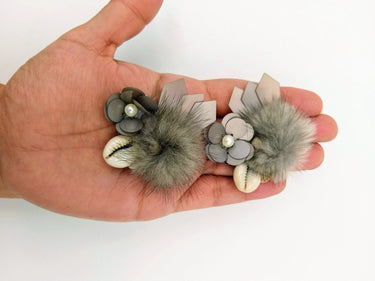 Hand Embroidered Grey Applique With Cowrie Shell, Sequins,Pearl and Feather Pom Pom